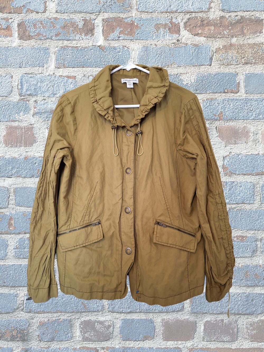 Coldwater Creek Tan Utility Snap Up Size 14 Jacket Drawstring Neck & Sleeves